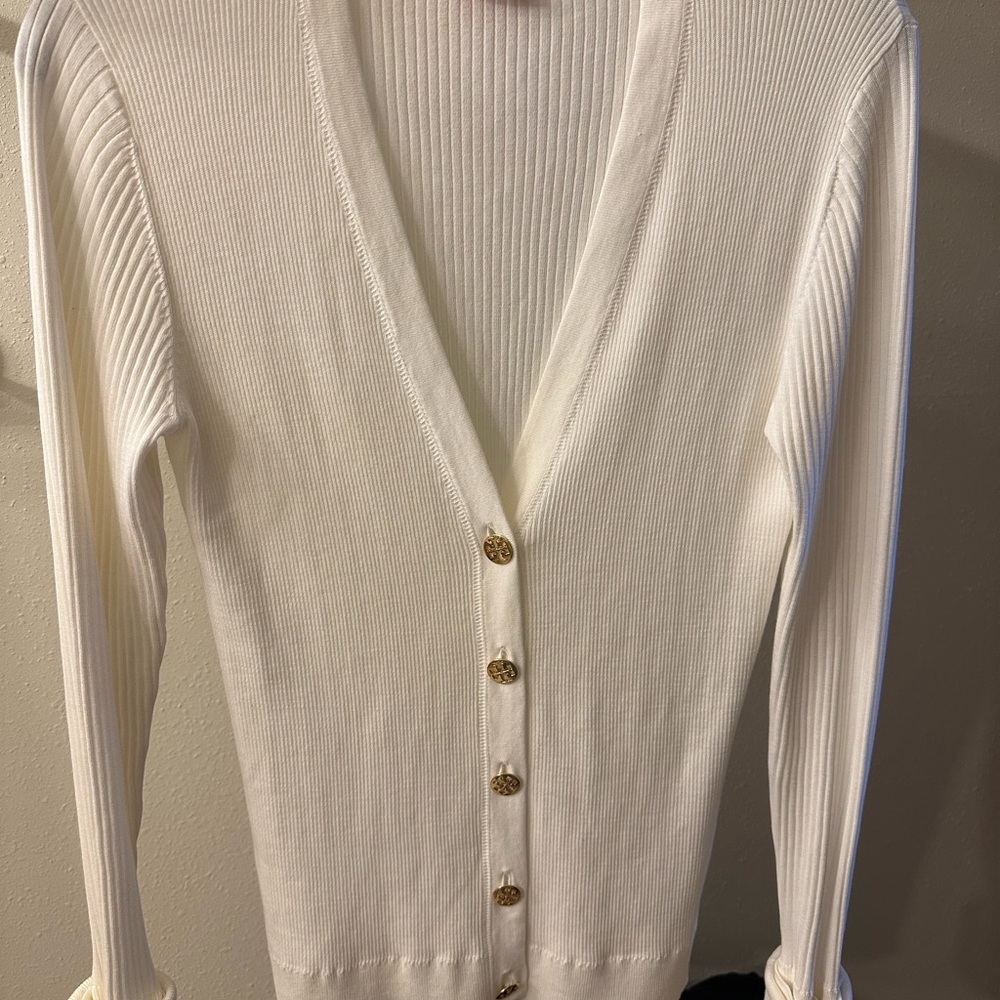 Tory Burch White Ribbed Cardigan with Gold Buttons